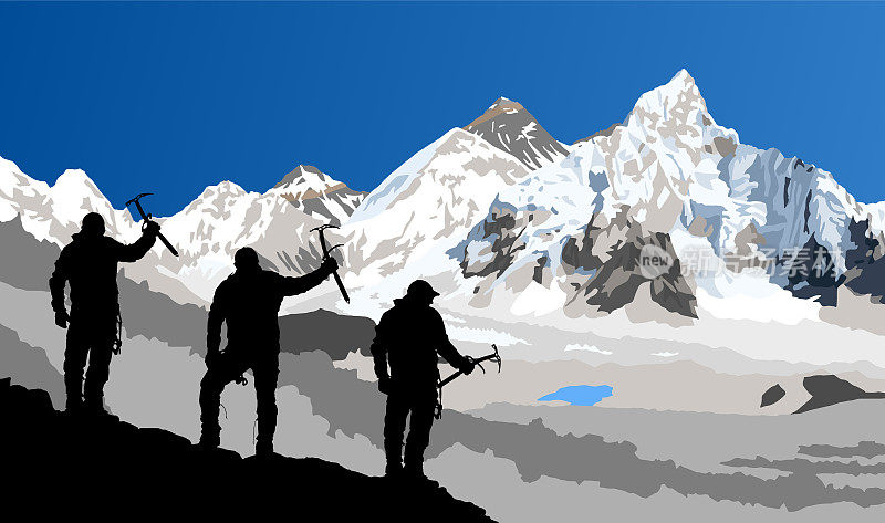 从尼泊尔一侧的Kala Patthar峰上看到的三名手持冰斧的登山者的黑色剪影